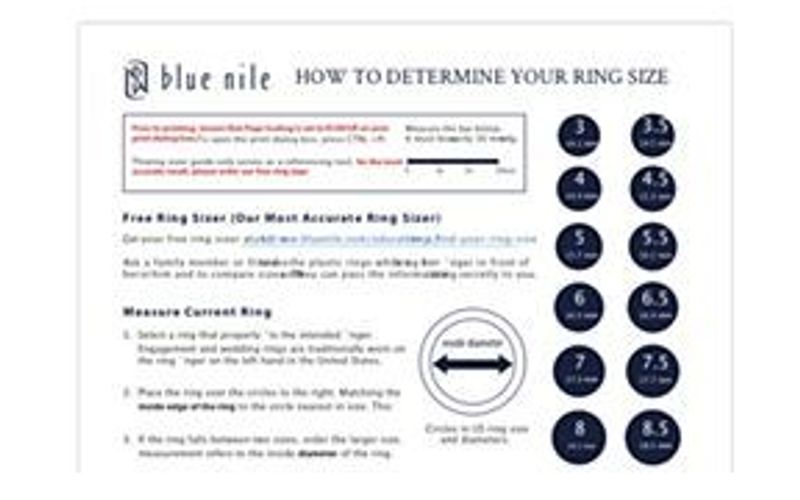 Printable PDF with ring sizing tips and an international ring size chart